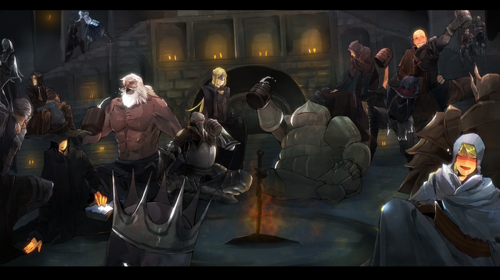 Dark Souls characters gathered around a bonfire