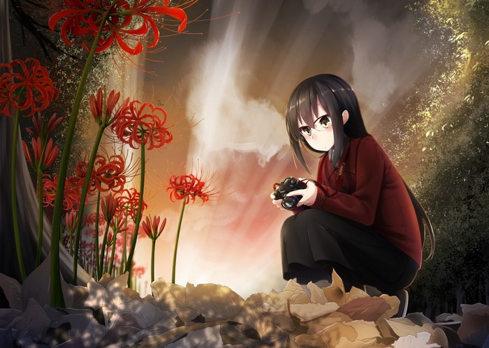 Anime girl with glasses and camera among red spider lilies