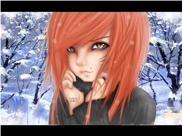 Anime girl with red hair in the snow
