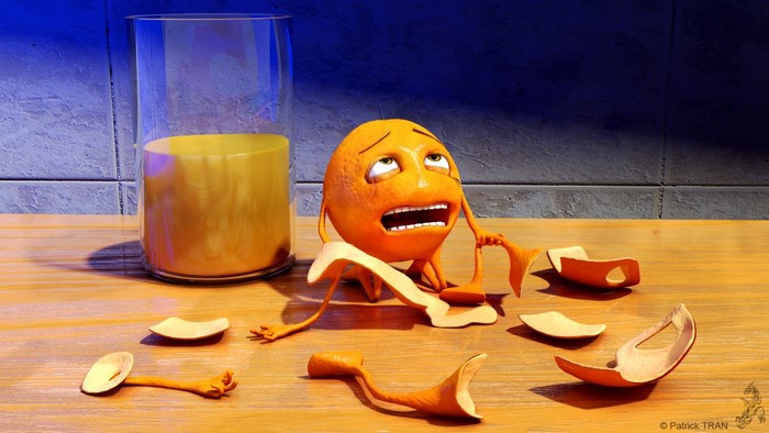 Crying orange fruit with broken body next to glass of juice