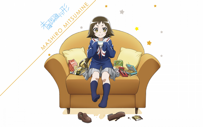 Mashiro Mitsumine from Mikakunin de Shinkoukei sitting on a couch with snacks