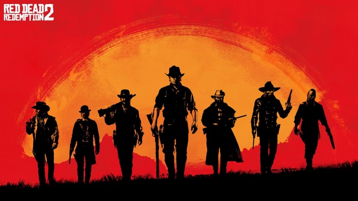 Red Dead Redemption 2 characters in silhouette against a sunset