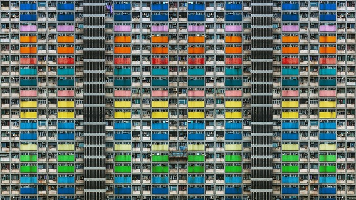 Colorful apartment building facade in Hong Kong