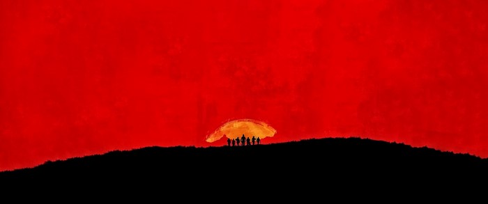 Red Dead Redemption group silhouette against a red sky
