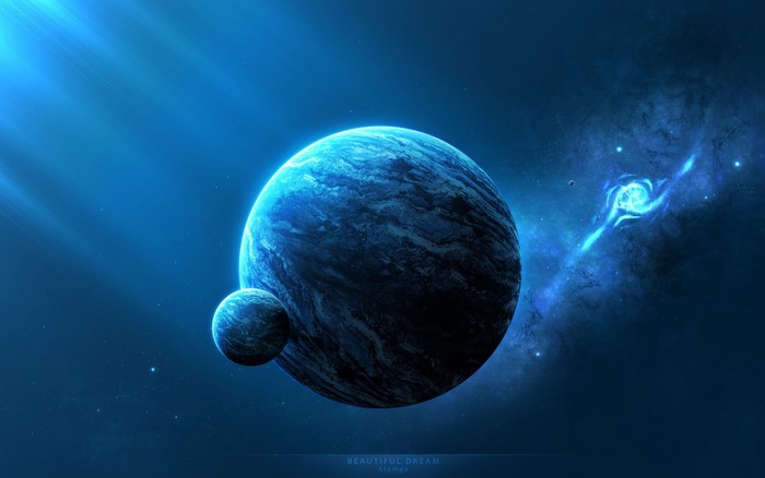 Two planets in deep space with nebula
