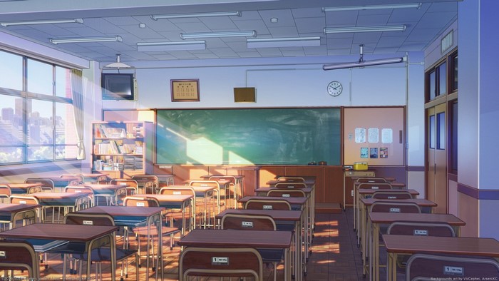 Classroom interior with desks and blackboard