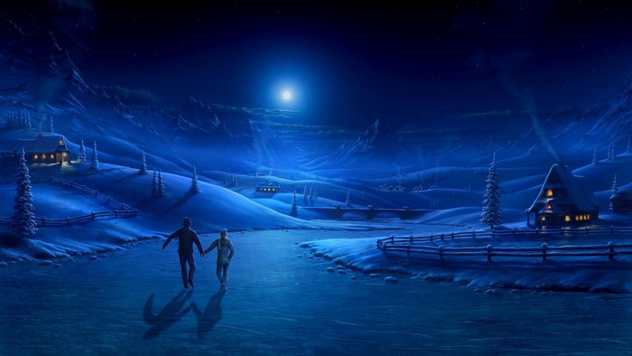 Couple ice skating on a frozen river at night