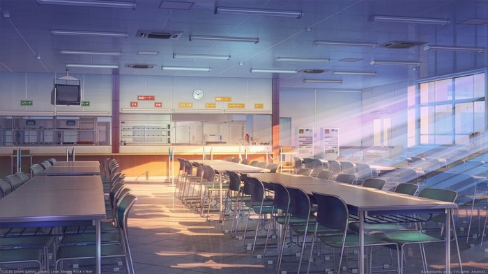 Empty school cafeteria with tables and chairs
