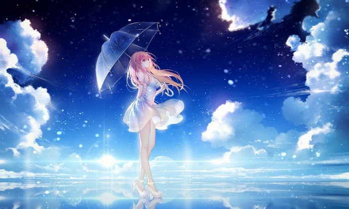 Anime Girl Dancing with Umbrella Under Starry Sky
