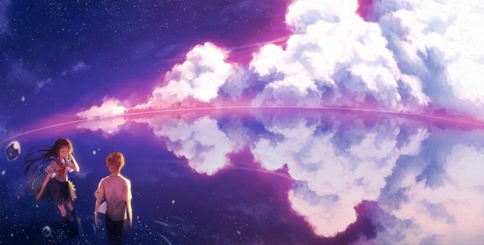 Anime couple looking at a starry sky with clouds reflected in water