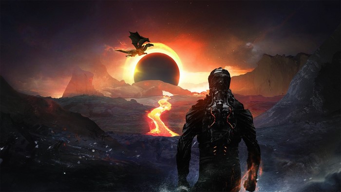 Man in armor watches dragon during solar eclipse with lava river