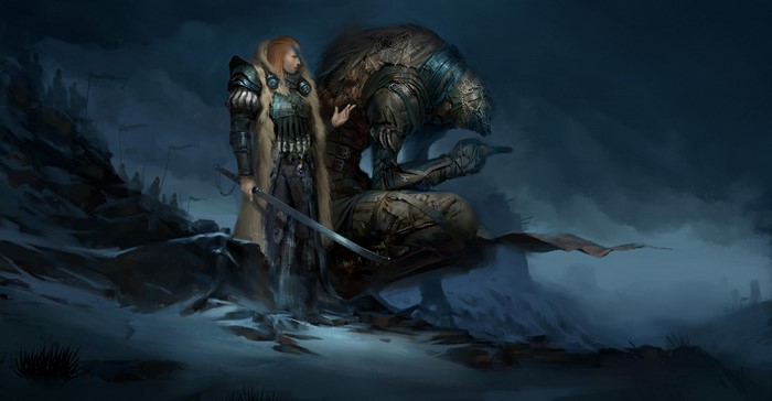 Fantasy art of a woman and a creature in a dark landscape