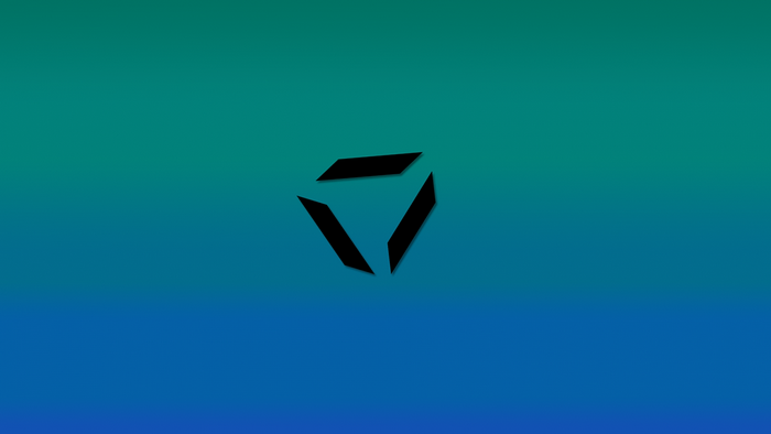 Black geometric logo on blue and green gradient background