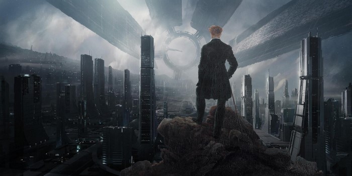 Man in suit overlooking futuristic city and space station
