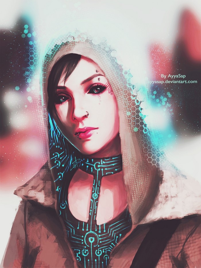 Futuristic woman with cybernetic implants and hood