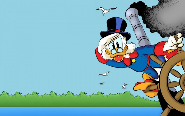 Scrooge McDuck from Disney steering a ship