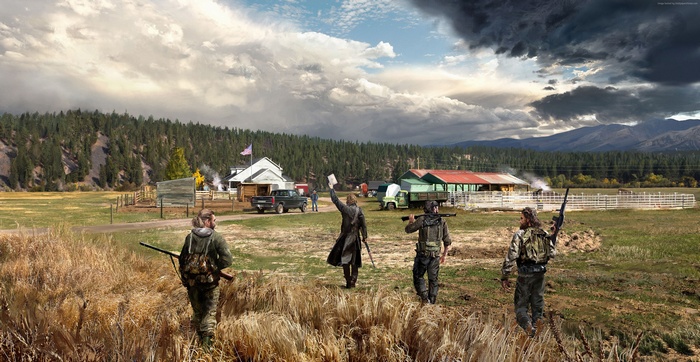 Far Cry 5 screenshot with armed individuals near a farm
