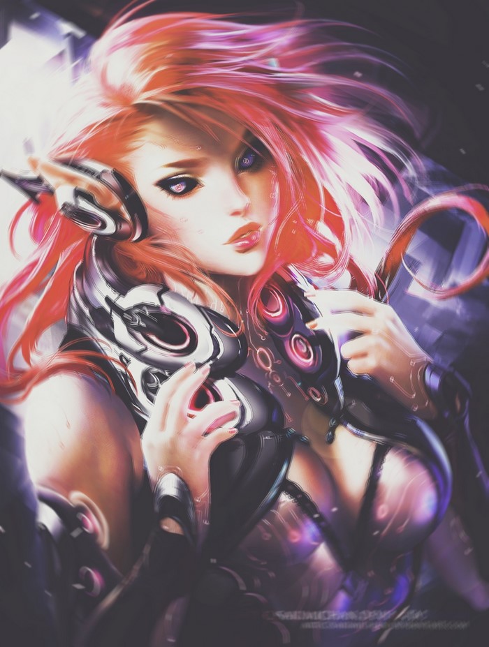 Anime girl with headphones and red hair