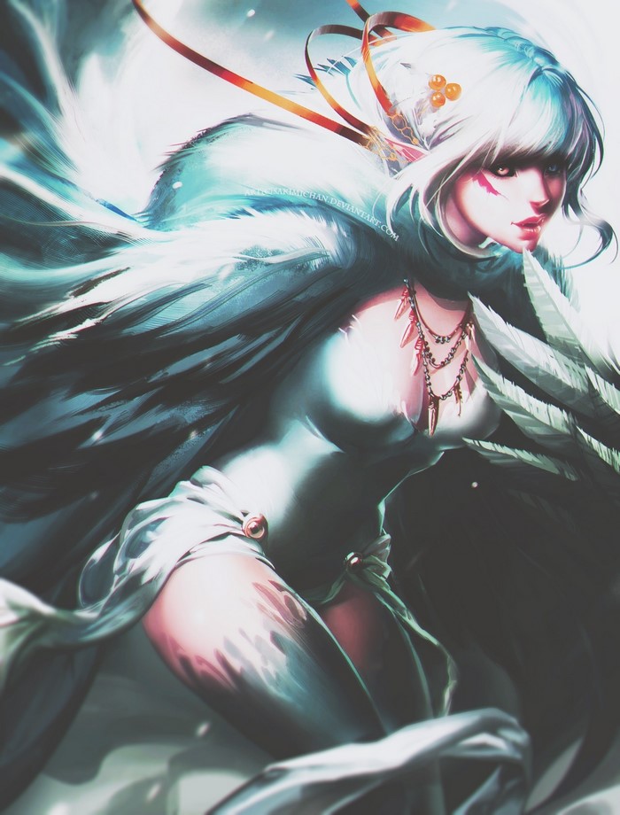 Anime girl with white hair and feathered wings