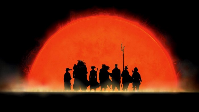 Samurai Seven characters silhouetted against a large orange sun