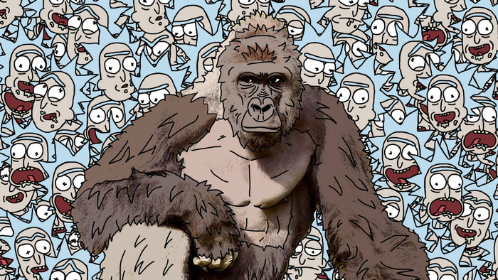 Gorilla in front of Rick and Morty pattern