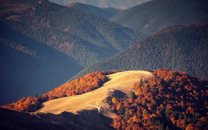 Autumn mountain landscape with colorful trees and hills
