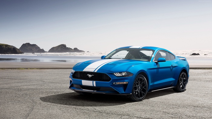 Blue 2019 Ford Mustang with White Stripes