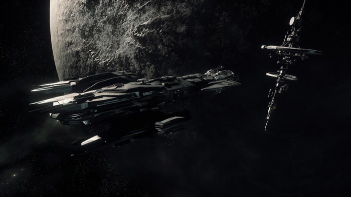 Star Citizen Constellation Andromeda spaceship near a moon