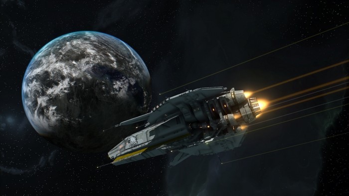 Spaceship firing weapons near a planet in Starpoint Gemini Warlords
