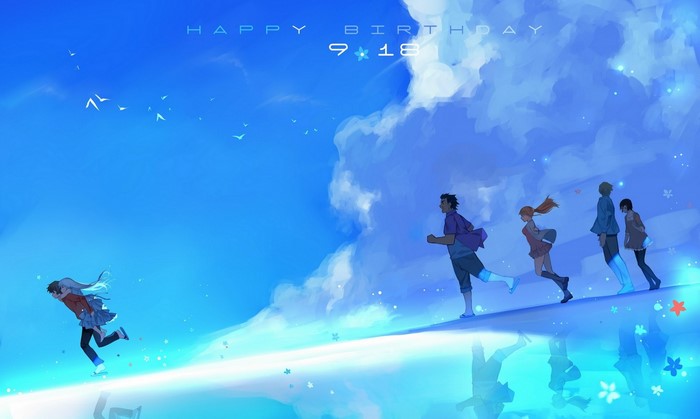 Happy Birthday 9/18 Anime Characters Running on Clouds