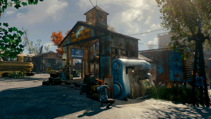 Fallout 4 screenshot of a settlement with a character