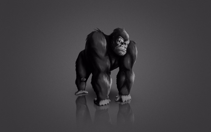 A muscular gorilla stands on a reflective surface