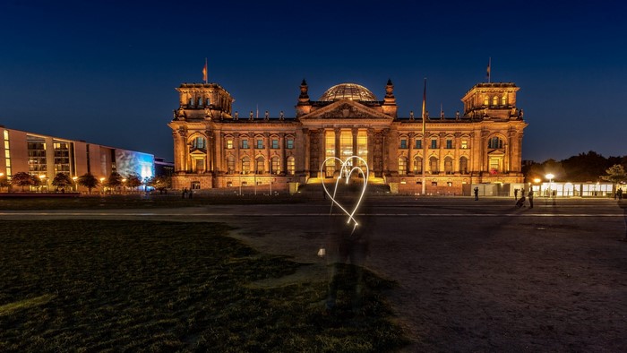 Reichstag building in Berlin at night with light-painted heart
