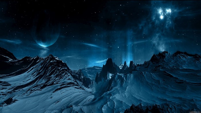 Alien landscape with planet and aurora