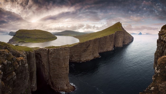 Panoramic view of cliffs and sea in the Faroe Islands