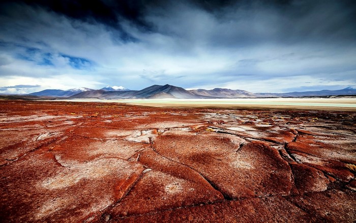 Atacama Desert landscape with mountains and salt flats