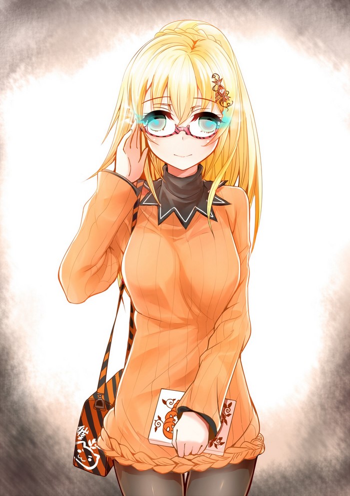 Anime girl with glasses and Halloween sweater