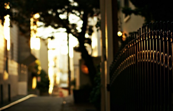 Street at dusk with a decorative fence