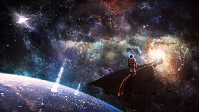 Astronaut on a road in space with a planet and galaxy