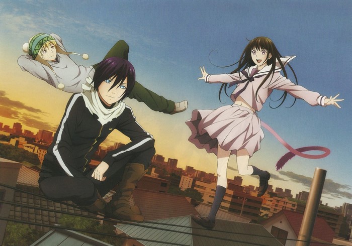 Yato, Hiyori, and Yukine from Noragami on a rooftop