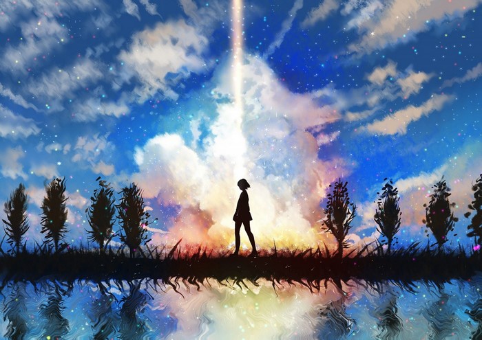 Mitsuha Miyamizu from Your Name in front of a light beam