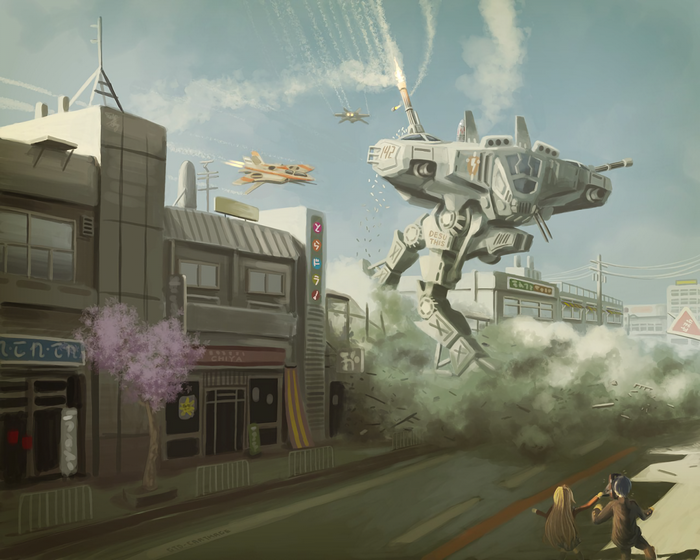 Giant Mech Battle in a City with Airplanes and Characters