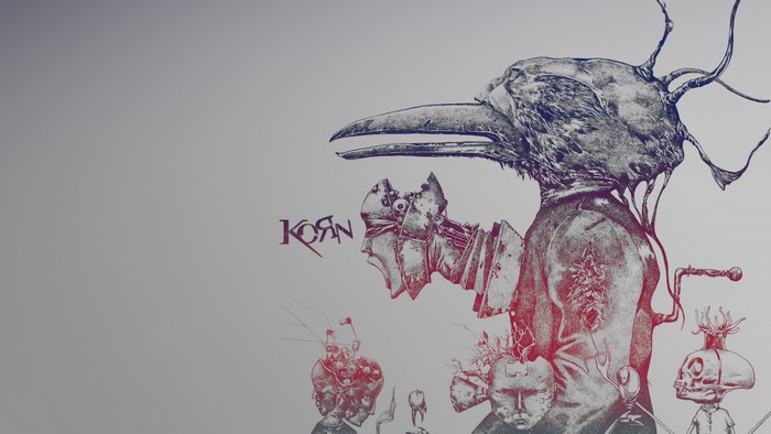Korn logo with surreal bird-like creature illustration