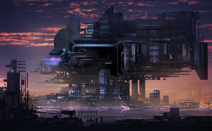 Futuristic cityscape at sunset with science fiction elements