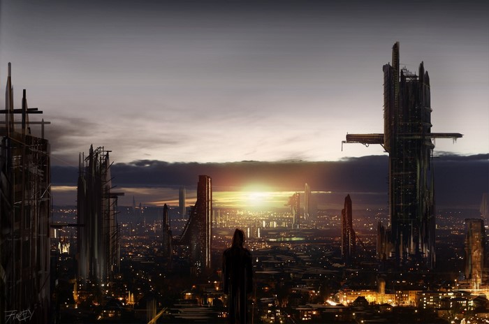 Futuristic city skyline at sunset with construction