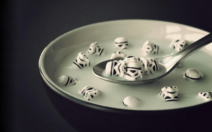 Stormtrooper cereal in a bowl with a spoon