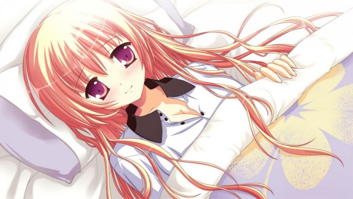 Anime girl with pink hair lying on a pillow
