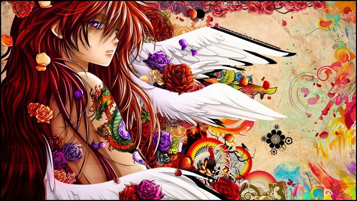 Anime girl with red hair, wings, and dragon tattoo