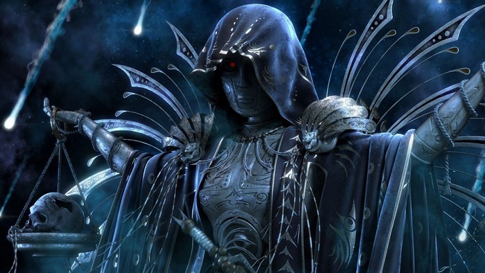 Fictional character with armor and red eyes holding scales with a skull
