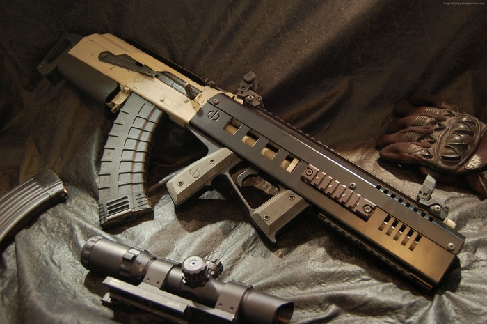 Custom Bullpup Saiga 12 Shotgun with Scope and Gloves